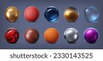 3d texture spheres. Gold, silver, metal and glass, stone and rubber, chrome and ice ball. Isolated vector spherical objects set with intricate patterns that create a tactile and immersive experience