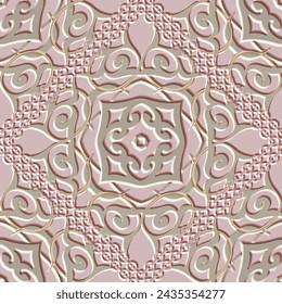 Patrón de tela sin costuras floral arabesca rosa claro en relieve con textura 3d. Vector ornamental hermoso fondo de la superficie. Repite el fondo de relieve. Adornos decorativos modernos en relieve. Textura sin fin.