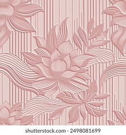 3d Textured emboss lines exotic flowers leaves striped pattern. Floral embossed 3d pink background. Modern vector backdrop. Relief leaves, stripes, curves. Artistic hand drawn surface plants ornament.