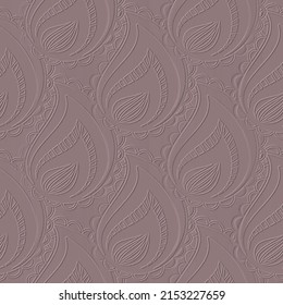 3d textured emboss Paisley seamless pattern. Embossed floral ethnic vector background. Surface repeat backdrop. Emboss paisley flowers ornament. Relief endless grunge texture with embossing effect.