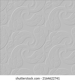 3d textured emboss Paisley seamless pattern. Embossed floral white background. Surface repeat folkloric backdrop. Emboss paisley flowers lines ornament. Relief grunge texture with embossing effect.