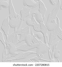 3d textured emboss Paisley seamless pattern. Embossed floral white background. Surface repeat folkloric backdrop. Emboss paisley flowers lines ornaments. Relief grunge 3d texture with embossing effect