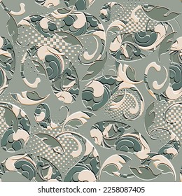 3d emboscada texturada Paisley patrón sin fisuras. Fondo de color floral con relieve. Fondo de los cuadrados de media tonalidad de repetición superficial. Ornamento de flores de paisley de Emchef. Textura de grifo de alivio con efecto de emboscamiento