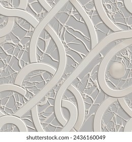 3d Textured emboss squiggles, doodle lines, curves, waves, circles seamless pattern. Cracked abstract embossed vector background. Modern repeat relief backdrop. Surface damaged endless 3d texture.