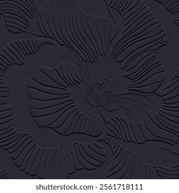 3d textured emboss waves and curves modern dark black pattern. Ornamental embossed vector background. Hand drawn doodle lines relief surface 3d ornaments. Endless texture. Abstract flowers. Art deco.