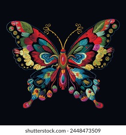 3d textured embroidery colorful beautiful exotic butterfly pattern. Decorative embroidered bright tropical insect background. Vector ornamental butterfly. Tapestry grunge surface texture. Illustration