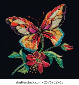 3d Textured embroidery colorful beautiful butterfly on exotic flower. Decorative embroidered bright insect pattern background. Vector ornamental butterfly. Stitching lines tapestry surface texture. 