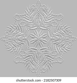 3d textured floral seamless pattern. Emboss ornamental vector white background. Repeat patterned surface backdrop. Relief embossed 3d mandala ornaments with palm leaves, branches, ropes. flowers.