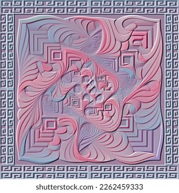 3d textured floral seamless pattern with greek frame. Embossed ornamental fractal flowers background. Modern ornamental surface backdrop. Relief emboss 3d ornaments. Beautiful patterned texture.
