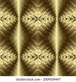 3d textured gold seamless pattern. Surface quilted background. Modern repeat grunge backdrop. 3d wallpaper. Ornate endless texture. Trendy vector design with effects. Luxury golden 3d ornaments. 