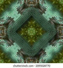 3d textured greek seamless pattern. Digital ornamental halftone green background. Geometric modern 3d ornaments. Greek key, meanders. Abstract modern repeat backdrop. Decorative ornamental design.