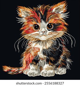 3d Textured tapestry sweet calico kitten. Embroidery beautiful tortoiseshell cute young cat. Embroidered  surface satin stitch texture. Ornate texture with embroidery effect. Vector calico kitten.