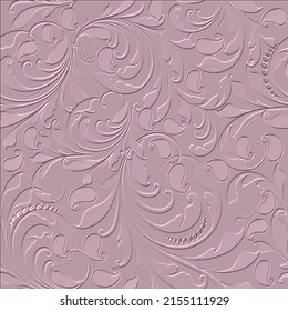 3d Textured vintage floral seamless pattern. Surface paisley flowers embossed pink background. Repeat relief vector ornate backdrop. Paisley flowers leaves emboss 3d ornaments with embossing effect.