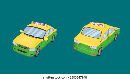 3d thai taxi cap car front back side view transport service passenger vehicle type yellow green vector illustration eps10