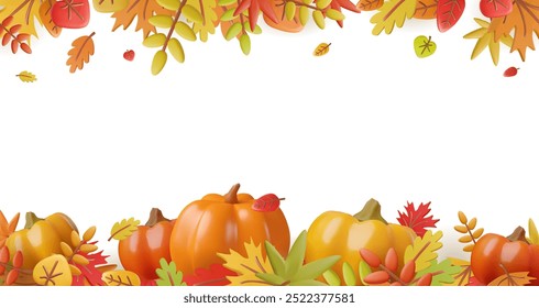 3D-Thanksgiving-Kulisse mit Herbstblättern und Erntemotiven. Vector enthält Kürbisse und lebendige Farben, perfekt für Karten und Displays.