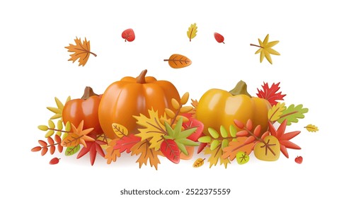 3D Thanksgiving background with autumn foliage, pumpkins, leaves, and harvest elements in bright orange and yellow. Ideal for decor and banners.