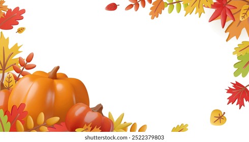 3D Thanksgiving background with vibrant autumn leaves, pumpkins, and harvest decorations. Perfect for seasonal cards and festive banners.