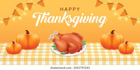 3d Thanksgiving Greeting Card. a festive table with a tablecloth with baked turkey and pumpkin on the background of a congratulatory inscription. flat vector illustration