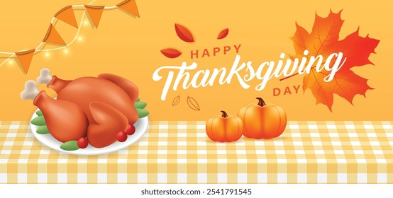 3d Thanksgiving Greeting Card. a festive table with a tablecloth with baked turkey and pumpkin on the background of a congratulatory inscription. flat vector illustration