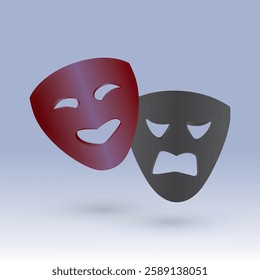 3d theater mask vector icon for tragedy, drama and comedy. Cinema movie ticket icon, ready to watch 3d comedy movie in cinema. Film media for entertainment.