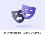 3d theatre masks for tragedy, drama and comedy. cinema movie ticket icon, ready for watch 3d comedy movie in theatre. Media film for entertainment. 3d cinema mask icon vector render illustration