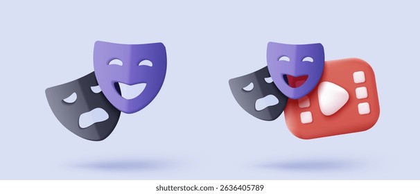 3d cinema máscaras para tragédia, drama e comédia. cinema ícone bilhete de filme, pronto para assistir filme no teatro. Filme de mídia para serviço de entretenimento. ilustração de renderização de vetor de ícone de cinema 3d