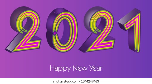 3d themed 2021 Happy New Year concept in multi color; purple backdrop.