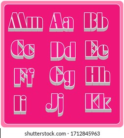 3d themed english alphabet letters set against a pink background.