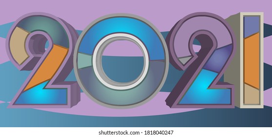 3D-mehrfarbiger 2021-Text mit asymmetrischen Formen.