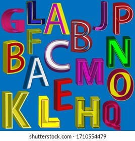 3d themed multicolor english alphabet letters set against a blue backdrop.