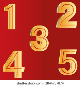3d themed numbers one to five in gold with red and silver outlines; red backdrop.