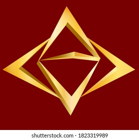 3d themed pyramidal shaped geometric abstract in gold finish;  Luxury gold concept set against a red backdrop.