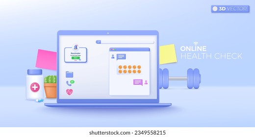 3d Therapist on chat in messenger. Notebook computer, consultation service, Ask a doctor, medical advise, online Helath check concept. 3D vector isolated illustration, Cartoon pastel Minimal style.