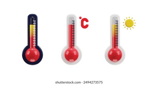 3d thermometer icon set with sun concept of hot temperature vector icon illustration