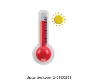 3d thermometer icon with sun concept of hot weather vector icon illustration