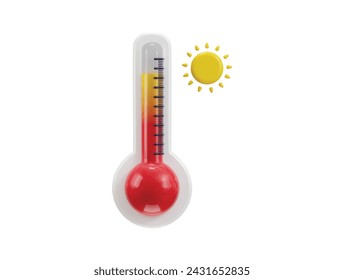 3d thermometer icon with sun concept of hot weather vector icon illustration