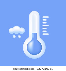 3D Thermometer measuring cold. Frosty snowy weather sign. Meteorological thermometer icon. Measure temperature, forecast, climate and meteorology concept. Vector illustration on blue background.