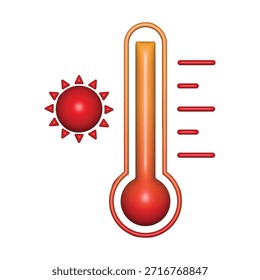 Termómetro 3D que muestra alta temperatura. Símbolo de escala de temperatura y sol en estilo 3D, que representa calor y Clima caliente. Ilustración vectorial aislada sobre fondo blanco, EPS 10.
