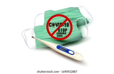 3d Thermometer.CoronaVirus- Covid-19 or 2019-ncov  image. Medical Mask. Surgical Accessories for Protection against Viruses, Bacteria.