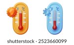 3D thermometers icons with sun and snowflake. Climate and forecast concept elements isolated on white background. Cold, snowy and heat. Vector illustration