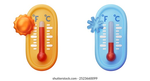 3D thermometers icons with sun and snowflake. Climate and forecast concept elements isolated on white background. Cold, snowy and heat. Vector illustration