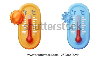 3D thermometers icons with sun and snowflake. Climate and forecast concept elements isolated on white background. Cold, snowy and heat. Vector illustration