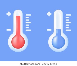 3D Thermometers. Meteorological thermometer icons. Measure temperature, forecast, climate and meteorology concept. Vector illustration on blue background.