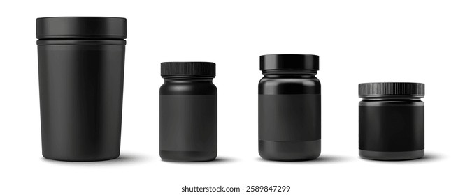 3D These matte black plastic containers, presented in varying sizes, offer a sleek, modern look. Ideal for storing supplements, vitamins, powders, and more—perfect for minimalist brand design. Vector