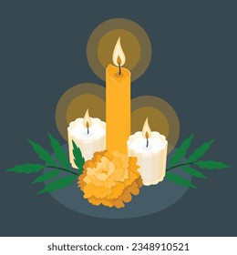 3d Three burning candles and flower,  leaf. Vector illustration. Candles and marigold flowers. Day of the dead concept dia de los muertos. Candles and marigold flowers. Day of the dead concept. 2309