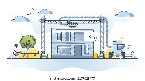 3D or three dimensional printed house construction technology outline concept. Modern, cheap and effective approach for building project development vector illustration. Modular robotic home solution.