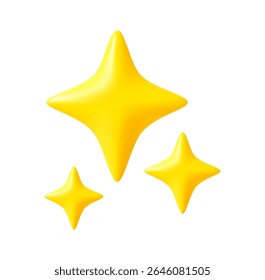3D three glowing yellow sparkle symbols on a white background, representing shine, magic, or cleanliness. Design elements. 3d rendering. Vector illustration