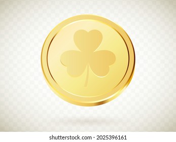 3d Three leaf clover golden coin on isolated transparent background.Saint Patrick's Day coin, Patrick's Day symbols. Lucky clover coins.
