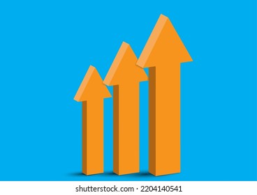 3d tres flechas anaranjadas arriba en ilustración vectorial de fondo azul 