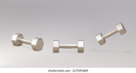 3d three realistic gold dumbbells isolated on grey background. Vector illustration.